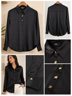 Zara Black Satin Blouse with Gold Sculpted Buttons